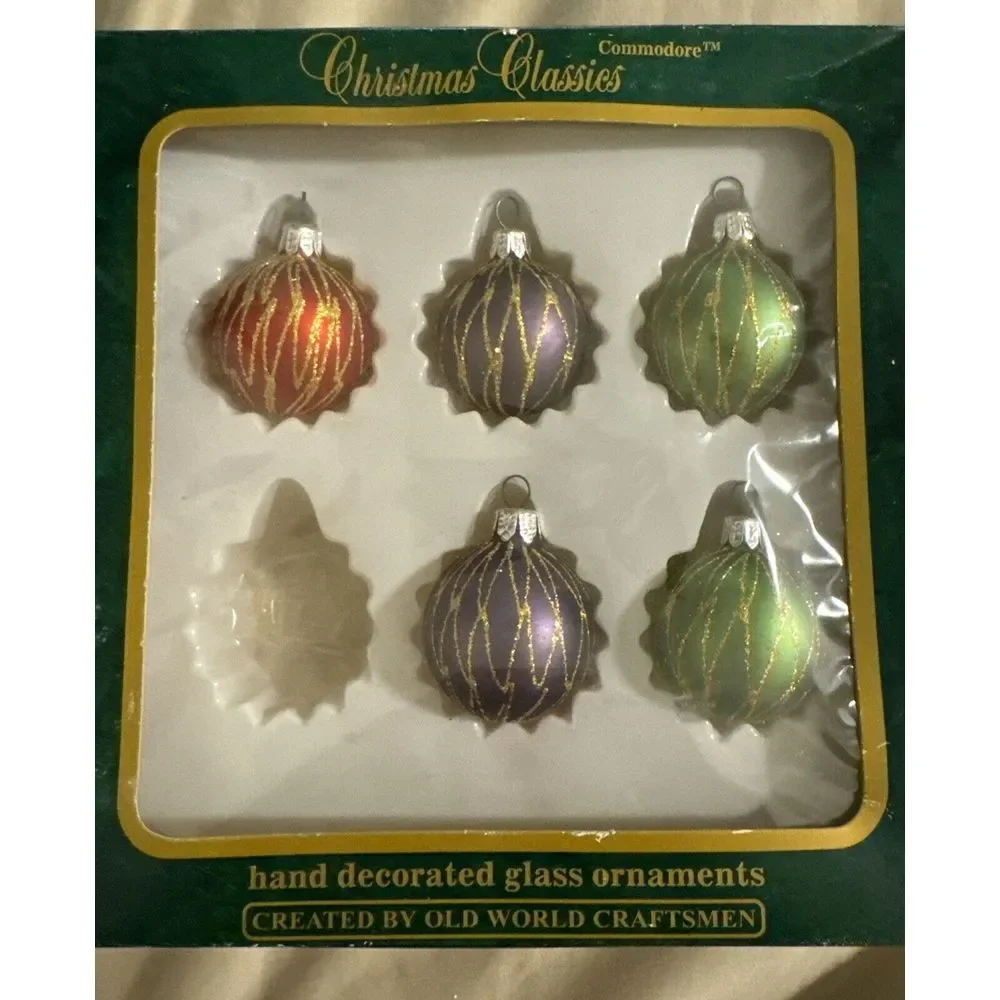 Vintage Commodore Christmas Classics 5 Glass Hand Decorated Ornaments Small Size